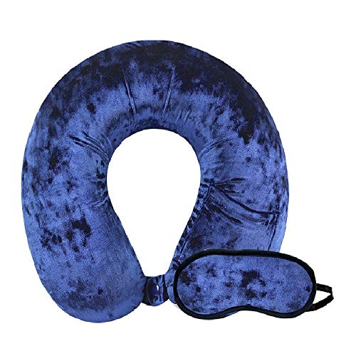 Cloudz Crushed Velvet Ultra Premium Comforlite Memory Foam Airplane Travel Neck Pillow with Matching Luxuriously Soft Black Out Sleep Mask - Blue