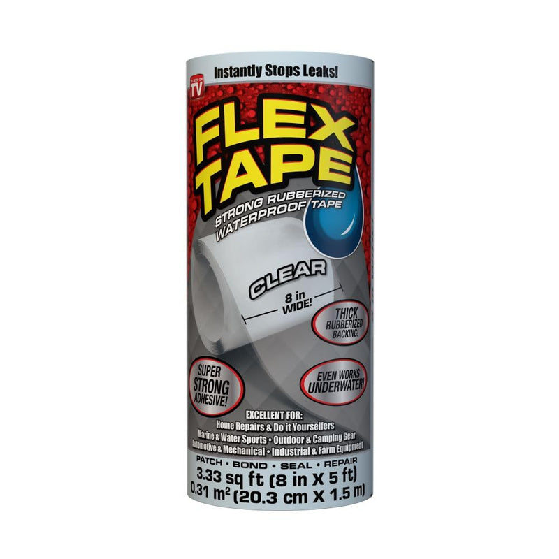 [Australia - AusPower] - Flex Tape, Original Thick Flexible Rubberized Waterproof Tape - Seal and Patch Leaks, Works Underwater, Indoor Outdoor - Home RV Roof Plumbing and Pool Repairs, Clear, 8 in x 5 ft, Pack of 1 8" x 5' (Pack of 1) 
