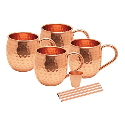 Avador® Set of 4 Handcrafted 100% Pure Copper Moscow Mule Mugs with Shot Glass and Straws Hammered Finish 16 Oz. Elegant Modern Set for Special Occasions | Gifting | Wedding Favors | Beverage Tasting 4 pc Moscow Mule + Shot Glass + Straws