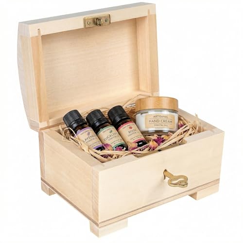 Creative Deco small wooden jewelry box with lock, featuring compartments for jewelry storage, measuring 4.17 x 2.95 x 2.95 inches.