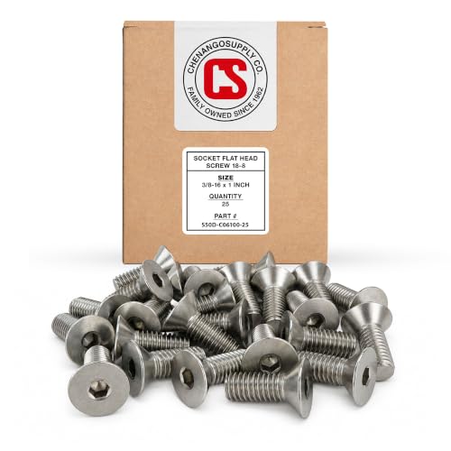 Chenango Supply 3/8-16 x 1 stainless socket flat head screws on a white background