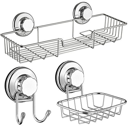 SANNO Suction cups Shower Caddy Soap Dish Double Bath Hook-Bath Organizer Kitchen Storage Basket for Shampoo, Conditioner, Soap- Anti Rust stainless steel (set of 3) size:c