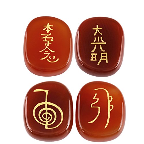 mookaitedecor 4 Piece Carnelian Stones Engraved Chakra Symbols Carnelian with Chakra Symbol