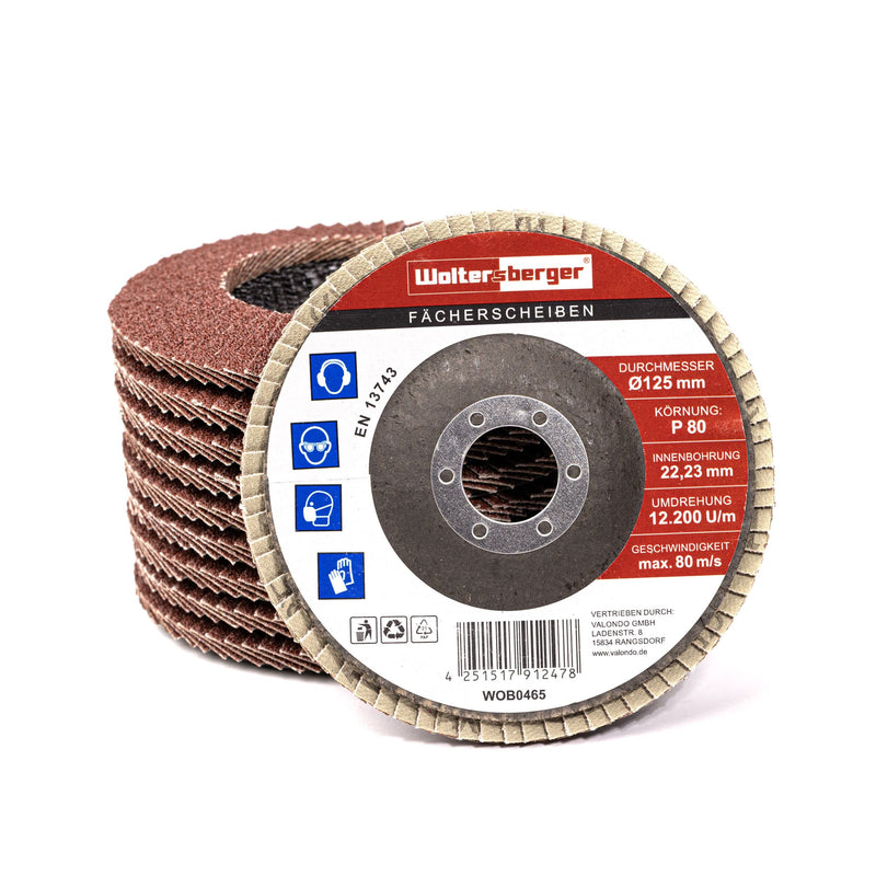 Woltersberger® Flap Discs, Diameter 125 mm, Grain 80, Pack of 10, Brown, for Metal and Wood, Aluminum Oxide, Angle Grinder, Sanding Mop, Flap Discs, Sanding Discs Medium