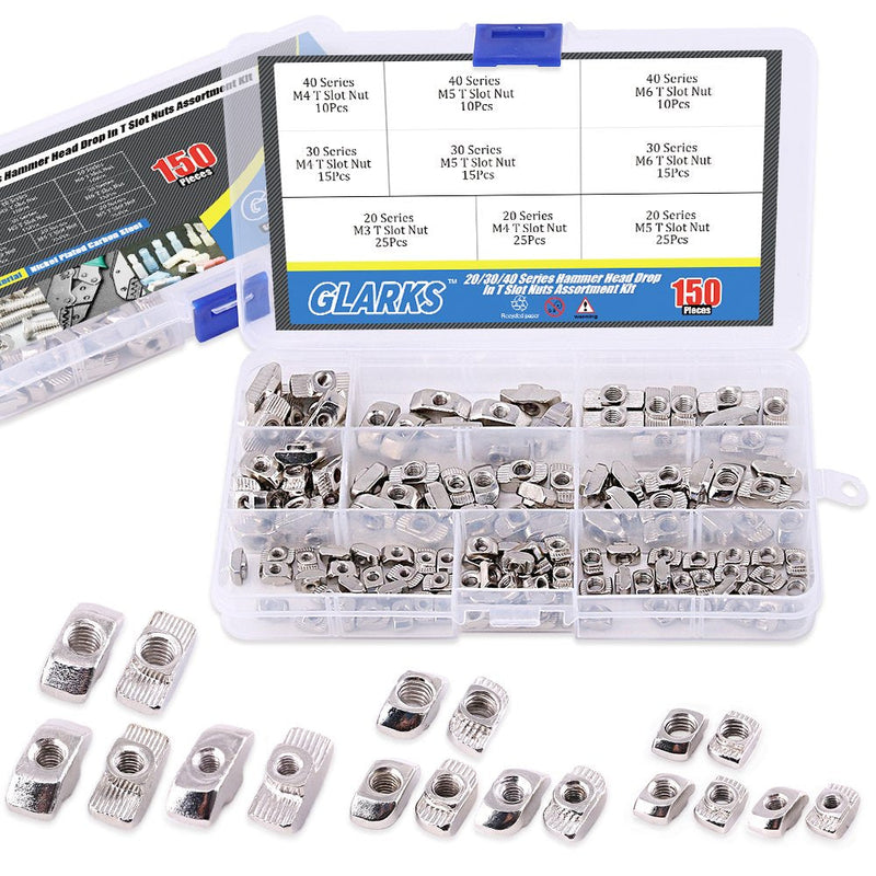 [Australia - AusPower] - Glarks 150Pcs European M3 M4 M5 M6 Hammer Head Drop in T Nut Slot Assortment Kit for 20/30/40 Series Aluminum Profile - Nickel Plated Carbon Steel 