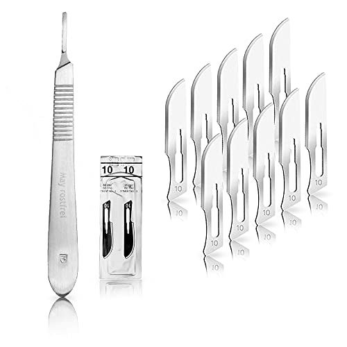 May Scalpel Set: Stainless Steel Handle No.3 and 10 Carbon Steel Blades | Precision knife for crafts, model making and foot care. 13 cm alloy steel handle with 10 sterile blades. Figure 10.