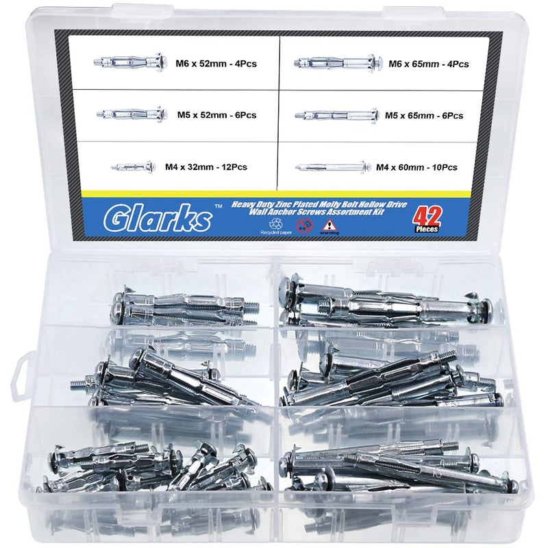 Glarks 42Pcs 6 Size Heavy Duty Zinc Plated Steel Molly Bolt Hollow Drive Wall Anchor Screws Assortment Kit for Drywall, Plaster and Tile 6 size anchor hollow wall anchor