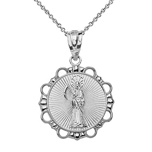 Sterling Silver Santa Muerte (Grim Reaper) Round Charm Pendant Necklace 20.0 Inches