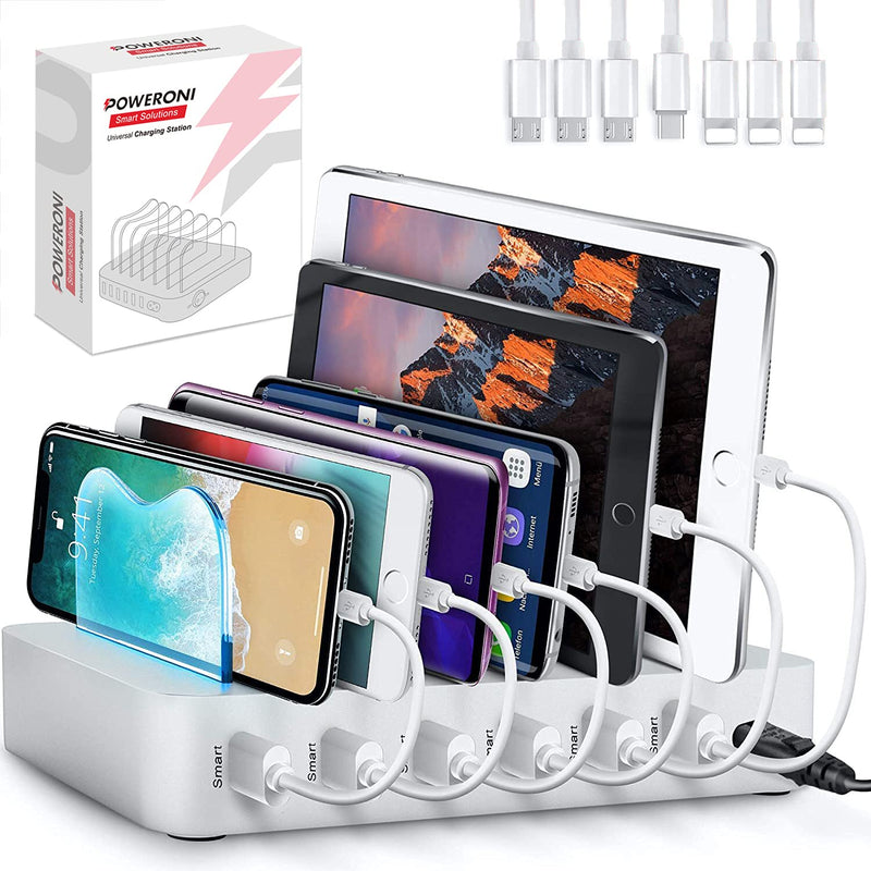 [Australia - AusPower] - USB Charging Dock - 6-Port - Fast Charging Station for Multiple Devices Apple - Multi Phone Charger Station - Charging Station - for Apple iPad iPhone and Android Cell Phone and Tablet 6-Port Silver 1-pack 