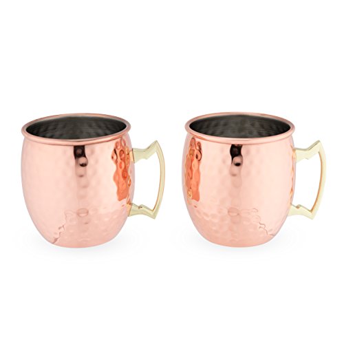 True Moscow Mule Mug, Stainless Steel, Copper Cups for Moscow Mules, Copper Bar Cart Accessories, 16 oz, Set of 2 Copper Hammered, Set of 2
