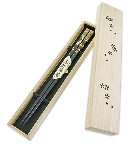 Wajima Japanese Natural Lacquered Wooden Chopsticks Reusable in Gift Box, Golden Sakura (Black) Made in Japan, Handcrafted Black