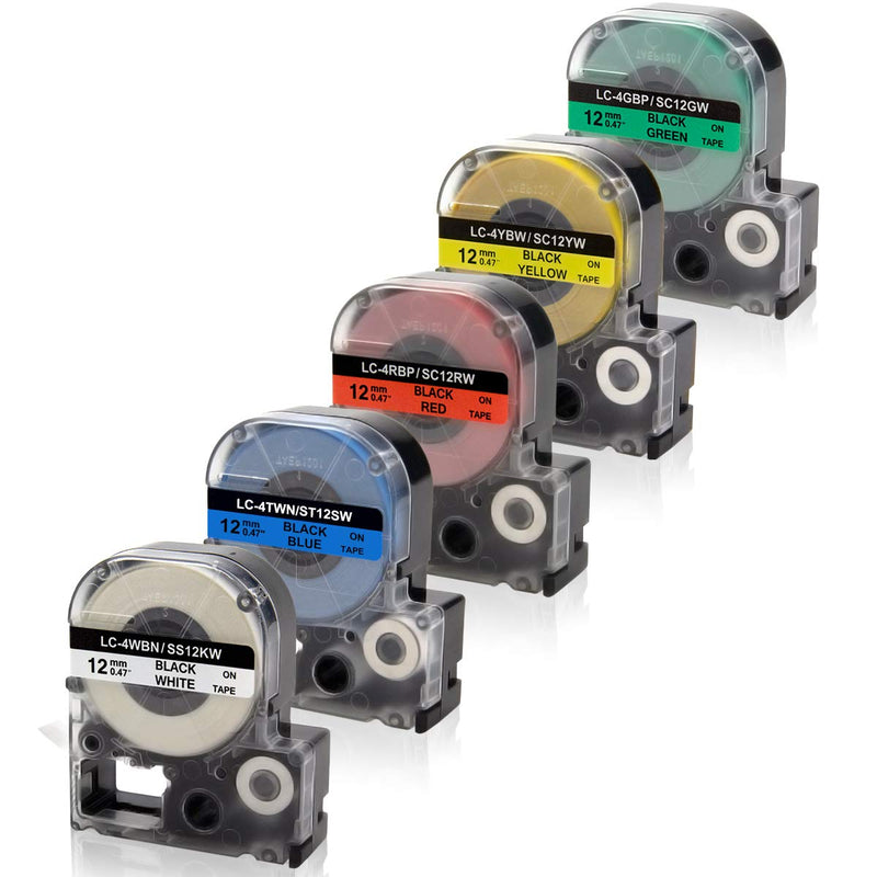 Absonic Compatible Label Tape Replacement for LK-4WBN LK-4LBP LK-4RBP LK-4YBW LK-4GBP Work for Epson LabelWorks LW-300 LW-400 LW-500 LW-600P LW-700 LW-K200PX Label Maker, 1/2" x 26', 12mm x 8m, 5-Pack 1/2" (12mm)