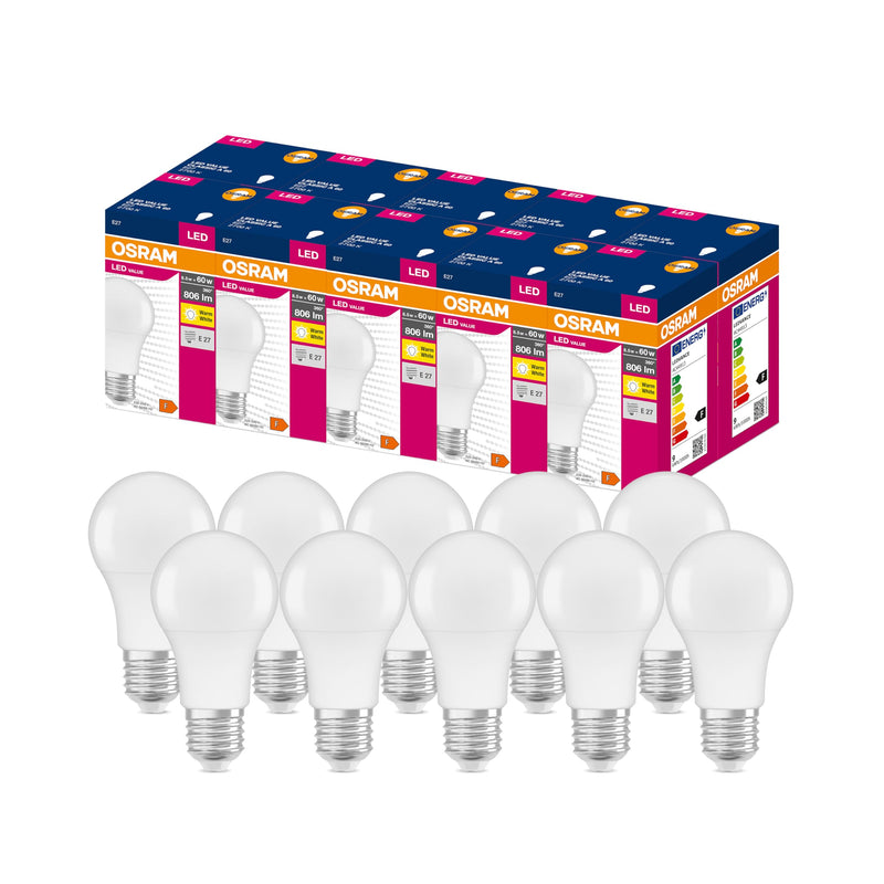 Osram LED Action Lamp with E27 Socket, Warm White (2700 K), 8.50 W, Replacement for 60 W Bulb, Matte Value Classic A, Pack of 10, [Unit Count] 1 piece (pack of 1) 60W replacement Matt-Half