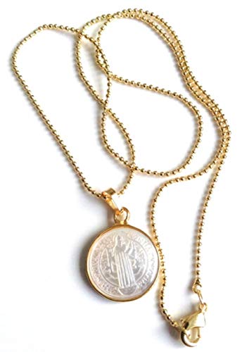 SIFRIMANIA Saint Benedict Mother of Pearl Medal Necklace Gold Plated Ball Chain Handmade