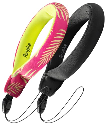 Ringke Waterproof Float Strap (2 Pack), Floating Strap, Wristband, Hand Grip, Lanyard Compatible with Camera, Phone, Key Palm Leaves / Black