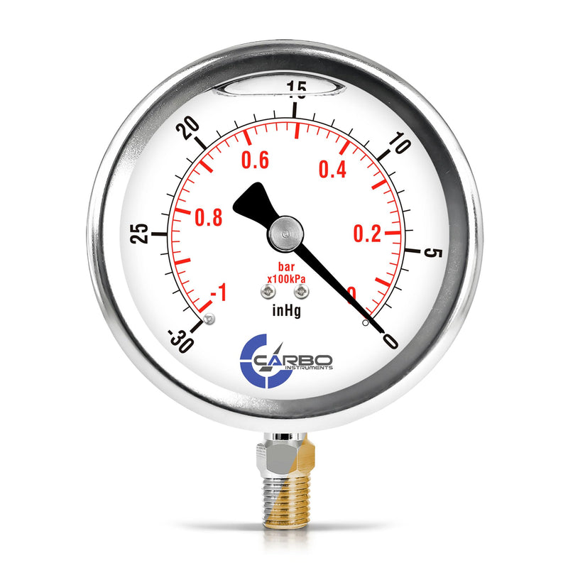 [Australia - AusPower] - 4" Pressure Gauge, Stainless Steel Case, Chrome Plated Brass Connection, Lqiuid Filled, Vacuum -30 Hg/0, Lower Mount 1/4" NPT -30 inHg 
