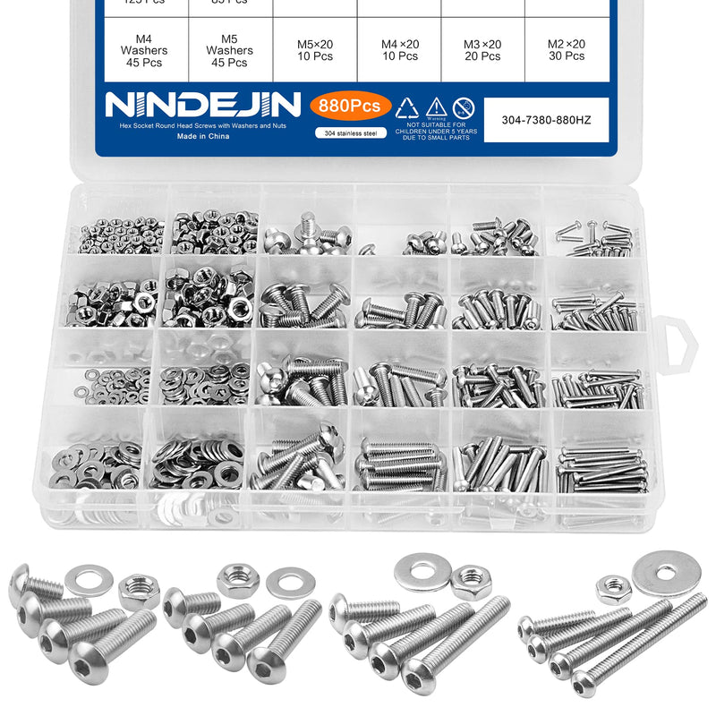 [Australia - AusPower] - NINDEJIN Metric Button Head Socket Cap Screw Bolts & Flat Washers & Nuts Assortment Kit M2 M3 M4 M5 Stainless Steel Machine Screws Set and Wrench, 880 PCS 880 Hex Round Head Socket Screws Nuts 