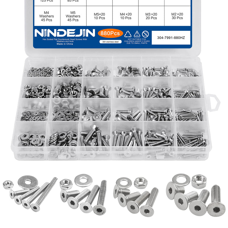 NINDEJIN 880Pcs M2 M3 M4 M5 Stainless Steel Precise Metric Hex Socket Head Cap Machine Screws,Round Flat Socket Bolts and Nuts Set and Washers Assortment Kit +Wrench (Flat Head Cap) 880 Hex Flat Head Socket Screws Nuts