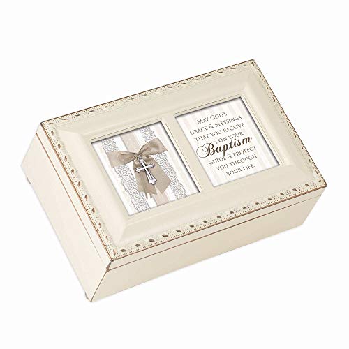 Cottage Garden May God's Grace Blessings Baptism Ivory Goldtone Trim Petite Jewelry Music Box Plays Jesus Loves Me