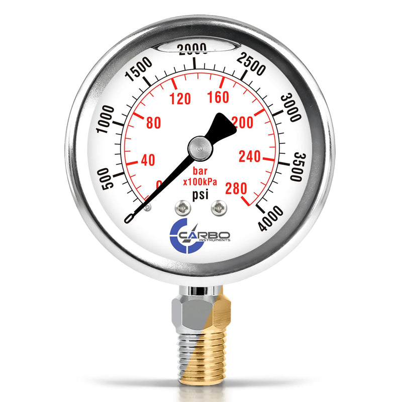 [Australia - AusPower] - Stainless Steel Pressure Gauge Dual Display (0-4000 psi/kPa) - 2 1-2" Glycerine Liquid Filled Water Air Oil Gas Gauge with Polycarbonate Lens & Brass Connection- 1/4" NPT Lower Mount 0-4000 psi 