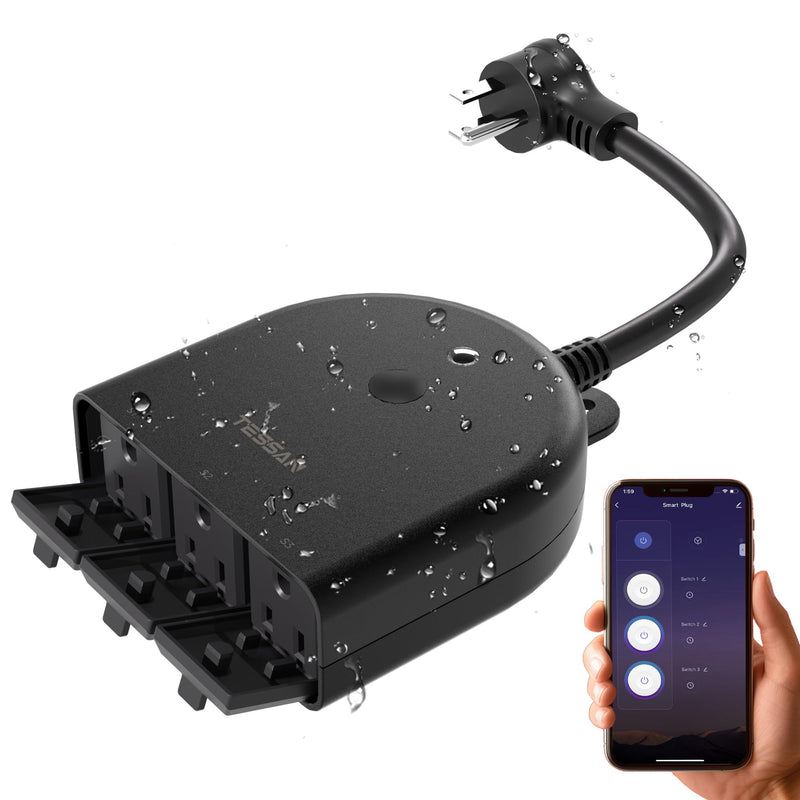TESSAN Outdoor Smart Plug Waterproof, 2.4GHz WiFi Only, 15A/1875W Heavy Duty, 3 Individual Sockets Compatible with Alexa Google Home, Remote Control Timer Frosted Black