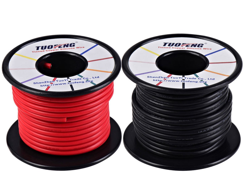 TUOFENG 14 AWG Wire, Soft and Flexible Silicone Insulated Wire 66 Feet [33 ft Black and 33 ft Red ] Stranded Wire High Temperature Resistance for RC Applications,Test Lead,Drones Battery 14 AWG 2 colors wire 33ft