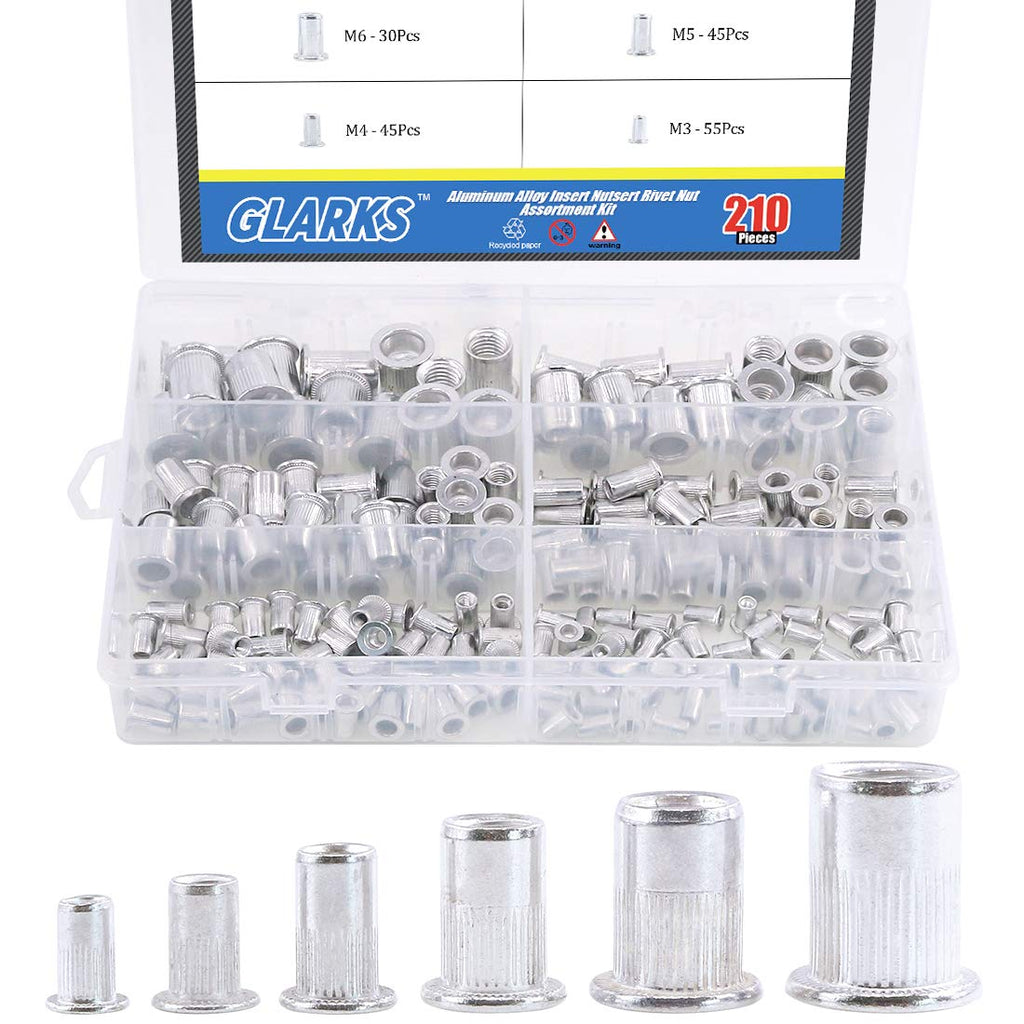 Glarks 210Pcs Aluminum Alloy M3 M4 M5 M6 M8 M10 Flat Head Metric Threaded Rivetnut Insert Nutsert Rivet Nut Assortment Kit