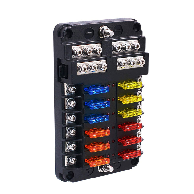 [Australia - AusPower] - 12 Way Blade Fuse Box Fuse Box Holder Standard Circuit Fuse Holder Box Block with LED Light Indication & Protection Cover for Car Boat Marine Trike Car Truck Vehicle SUV Yacht RV 12 Way 