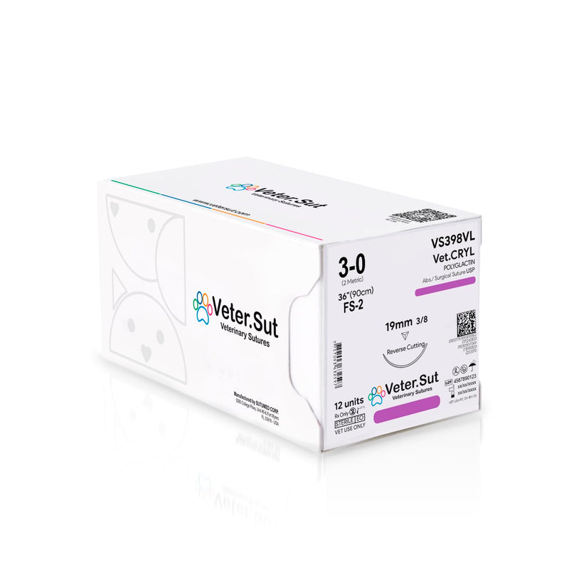 [Australia - AusPower] - VeterSut VetCRYL Absorbable Surgical Suture USP Size 3-0, (FS-2) 3/8 19mm Reverse Cutting Needle, 36 Inches (90 cm), 12 Count, Veterinary Use 