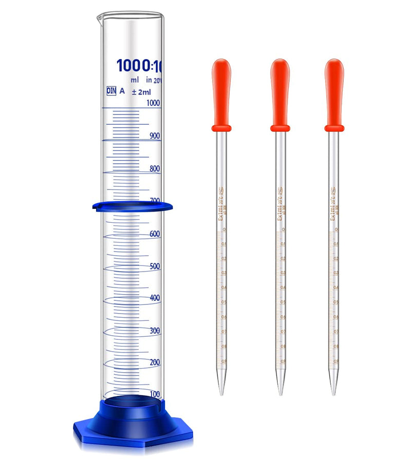 Thick Glass Graduated Cylinder Measuring Liquid Lab Cylinders with Anti-falling Plastic Base and Bumper Guard (glass, 1000ML)