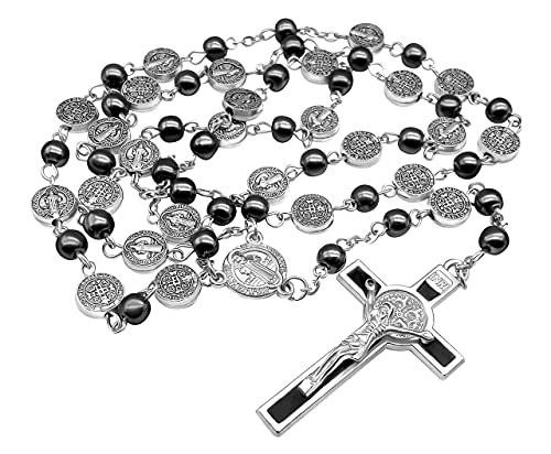 Nazareth Store Catholic Saint Benedict Hematite Stone Rosary Necklace for Men & Women with Crucifix and St. Benedict Medal