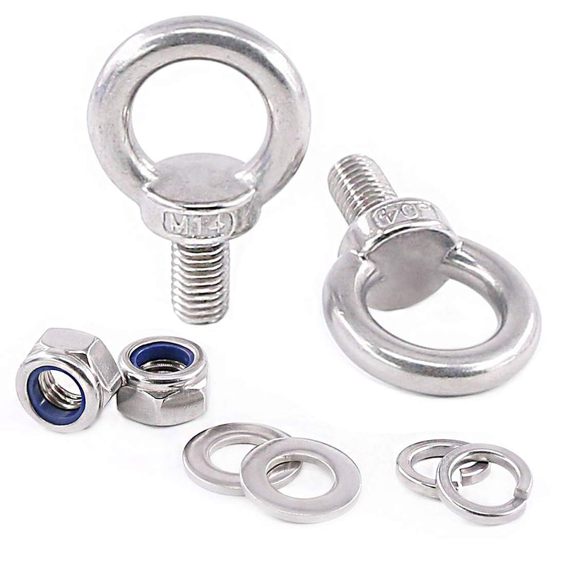 [Australia - AusPower] - Glarks 8Pcs M14 Heavy Duty Screw Bolt, 304 Stainless Steel Male Thread Machinery Shoulder Lifting Ring Eye Bolt with Lock Nuts/Lock Washers/Flat Washers Set 