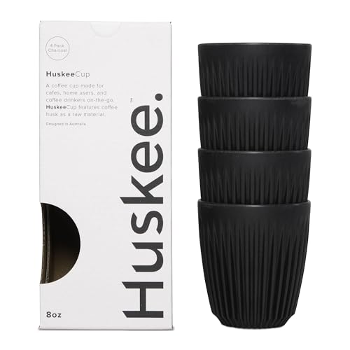 Set of four HuskeeCup charcoal coffee serving cups, 8oz size, durable eco-friendly coffee cups from Huskee in a 4-pack.