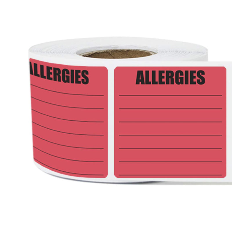 [Australia - AusPower] - 300 Allergies Stickers, 2 x 2 Inch Writable Allergy Alert Warning Labels - Pharmacy Medical Sticker Doctor Label, Adhesive - 1 Roll of 300 Large Red 