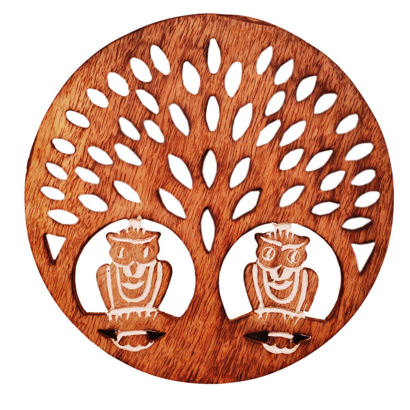Purpledip Wooden Trivet 'Night Forest' Coaster Hot Pad Mat for Dining Table, Kitchen (11419) Owls on a tree