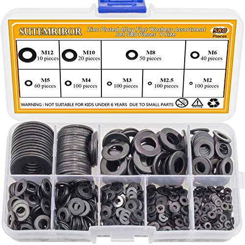 Sutemribor black zinc plated alloy steel flat washers assortment kit, 580 pieces in 9 metric sizes