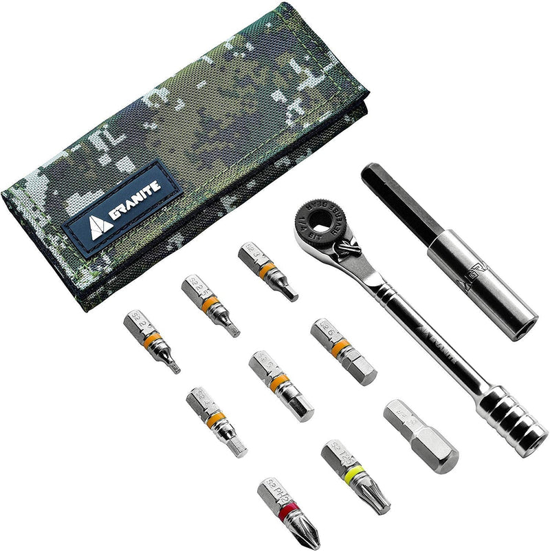 Granite Rocknroll Mini Ratchet Bike Tool Kit, Bike Multitool Kit with 9 Tool Bits and Extension Rod, Portable Bicycle Tool Kit for Mountain Bike, Road Bike and Gravel Bike (Green Camo) Camo Green