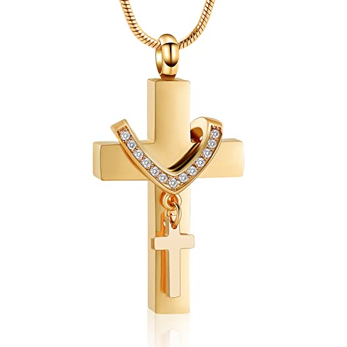 Cremation Jewelry for Ashes Pendant - Cross Urn Necklace with Mini Keepsake Urn Memorial Ash Jewelry Gold