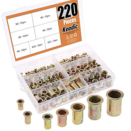 Keadic 220-piece metric zinc-plated carbon steel rivet nut assortment kit with M3-M12 threaded insert nuts