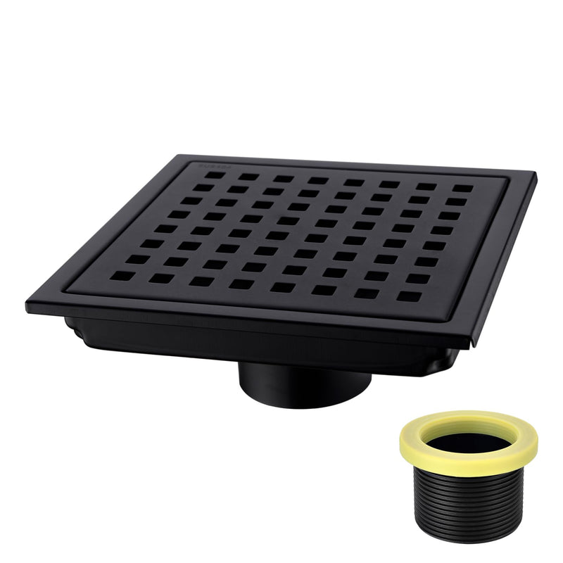 6 inch Stainless Steel Shower Floor Drain with Threaded Adapter, Removable Grid Cover, Black Matte Black