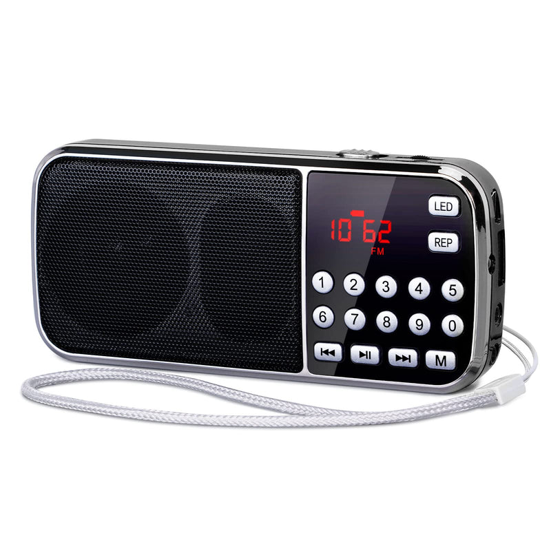 [Australia - AusPower] - PRUNUS J-189 Bluetooth AM FM Radio, Small Portable Radio - Dual Speaker Heavy Bass, LED Flashlight, Pocket Size, TF Card USB AUX MP3 Player, Rechargeable Battery Operated Small Radio(Black) Black 