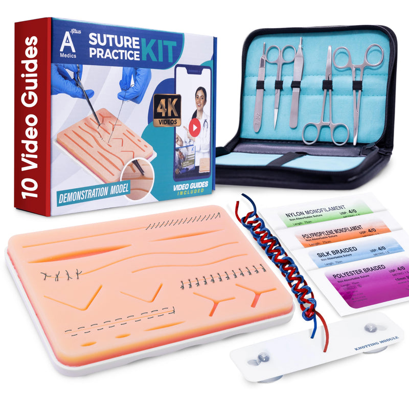 Complete Suture Practice Kit for Medical Students w/How-To Suture HD Video Course, Suture Training Manual & Carryall Case. All-in-One A Plus Medics Kit Including Suture Practice Pad (Education Use Only)