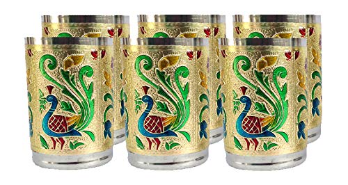 Rastogi Handicrafts Set of 6 Stainless Steel Glass Indian Handmade Meena Patchwork Peacock Design Golden Silver Color Diwali Christmas Tumbler Gift Set item (Golden)
