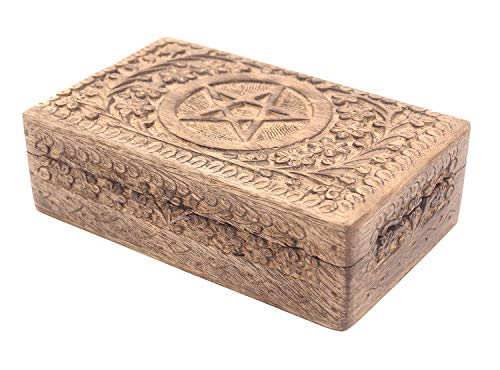 DharmaObjects Pentagram Star Carved Jewelry Trinket Keepsake Wooden Storage Box (Pentagram, Large)