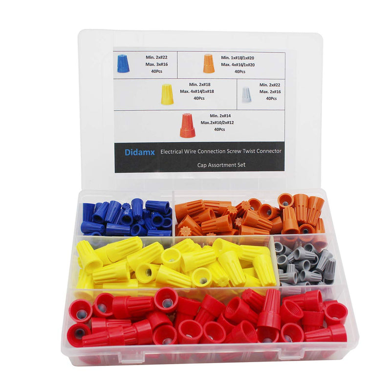 [Australia - AusPower] - Didamx 200Pcs Electrical Wire Connectors Screw Terminals Spring Insert Twist Nuts Caps Connection Assortment Set 