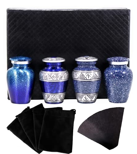 Blue Small Urns for Human Ashes Female Male | Set of 4 Premium Mini Keepsake Urns with Four Velvet Bags A Paper Funnel and A Stunning Magnet Closer Gift Box Blue