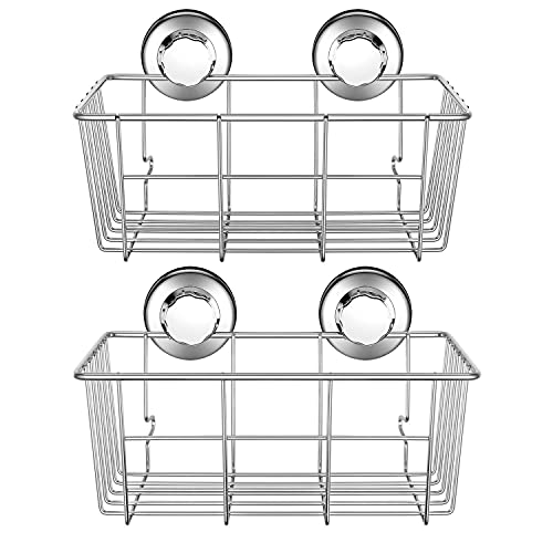 SANNO Suction Cup Shower Caddy,Bathroom Caddies Adhesive Pads Deep Large Basket Shelf,Bath Organizer Kitchen Storage Basket for Gel Holder Shampoo, Conditioner -2 pack suction cups caddies