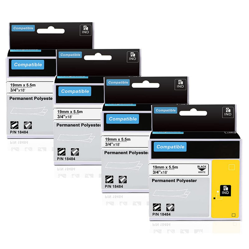[Australia - AusPower] - 18484 a18484 Industrial Label Tape Replace for DYMO Rhnio 18484 3/4" 19mm Black on White Permanent Polyester Compatible with DYMO Rhino 5200 4200 6000 5000 Industrial Label Maker,4-Pack 3/4" 