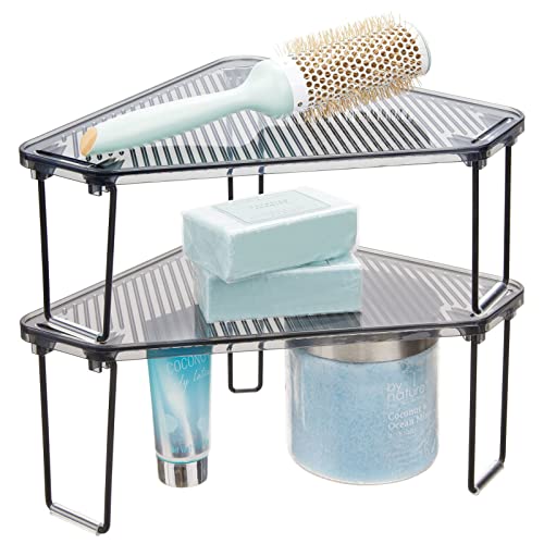 mDesign Plastic/Steel Corner Stackable Rack, Storage Organizer Shelf for Bathroom, Vanity, Countertop, Sink, Cabinet, Holds Makeup, Shower Accessories, Ligne Collection - 2 Pack - Black/Smoke Gray Pack of 2