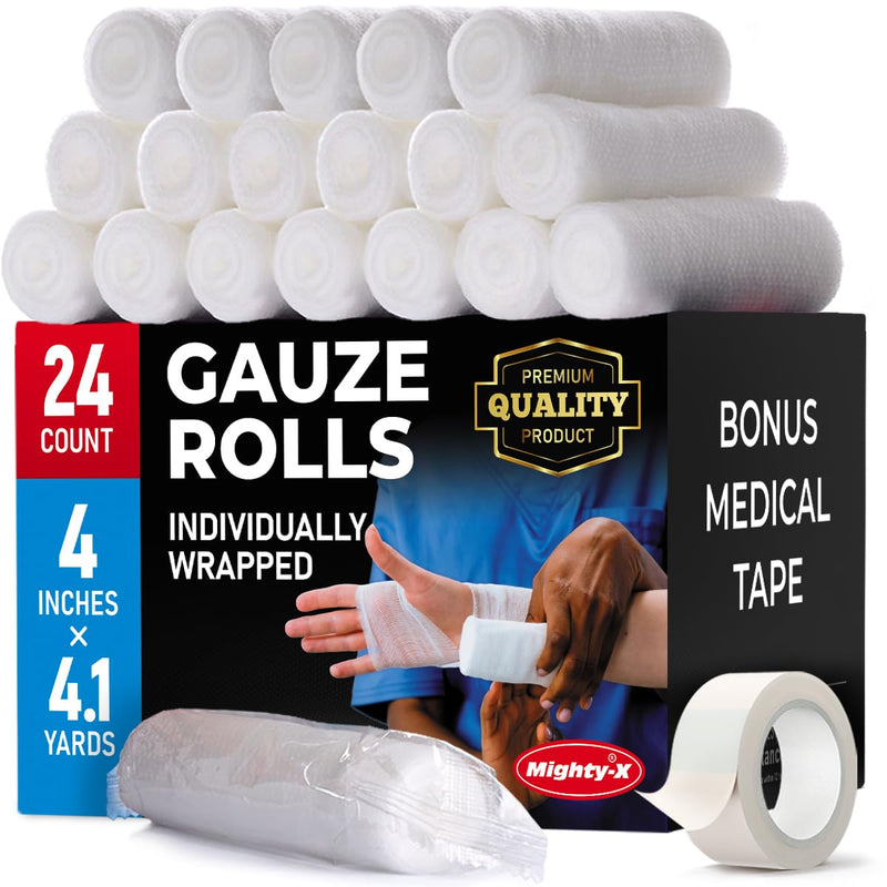 [Australia - AusPower] - Premium Gauze Rolls - (24 Pack) - 4" x 4.1yd Breathable Rolled Gauze - Individually Wrapped + Bonus Tape - First Aid Conforming Gauze Wrap Roll for Wounds 